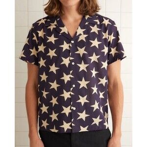 Bode Starry Short Sleeve Men's Shirt Printed Cotton Button Down Navy L 282383